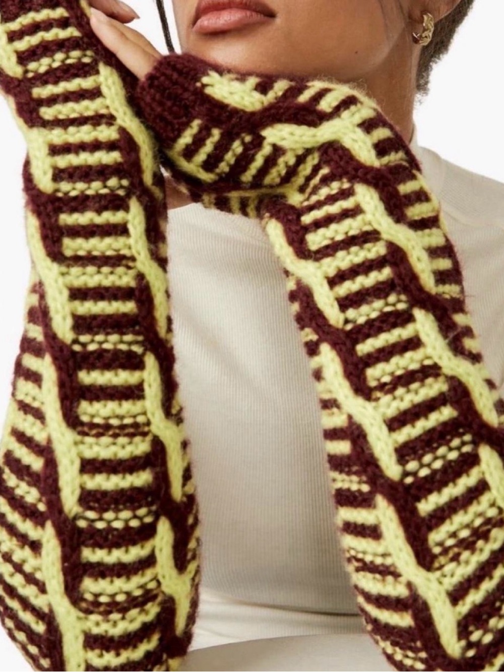 Free People Mariella Cable Knit Arm Warmers Purple/ Lime Green -NWT!